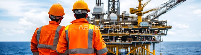  متابعة سير الأعمال في موقع العمل, صورة من الخلف لعامليين عربيين خليجيين سعوديين يرتديان البدلة الواقية البرتقالية وخوذة الحماية مصفاة تكرير النفط والغاز، خطوط الأنابيب الممتدة من أعماق البحر للمصافي، العمل في مجال هندسة البترول في المملكة العربية السعودية