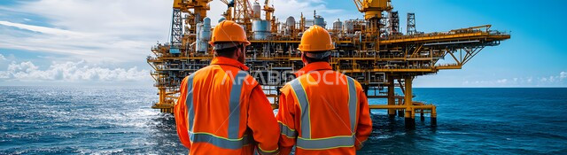 الإشراف على معامل ومصانع النفط في المملكة العربية السعودية، صورة من الخلف لعامليين عربيين خليجيين سعوديين يرتديان البدلة الواقية البرتقالية وخوذة الحماية، خطوط الأنابيب الممتدة من أعماق البحر للمصافي، العمل في مجال هندسة البترول، مصفاة تكرير النفط والغاز