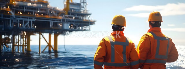 العمل في مجال هندسة البترول, مصفاة تكرير النفط والغاز, الإشراف على معامل ومصانع النفط في المملكة العربية السعودية، صورة من الخلف لعامليين عربيين خليجيين سعوديين يرتديان البدلة الواقية البرتقالية وخوذة الحماية، خطوط الأنابيب الممتدة من أعماق البحر للمصافي