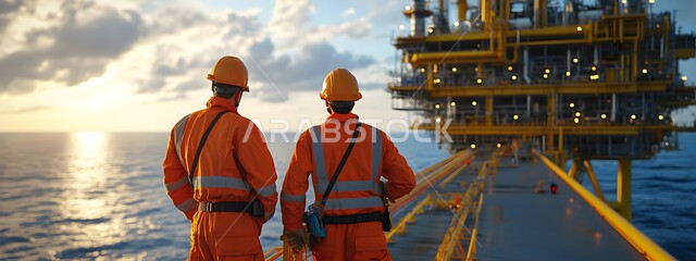 خطوط الأنابيب الممتدة من أعماق البحر للمصافي، العمل في مجال هندسة البترول, مصفاة تكرير النفط والغاز, الإشراف على معامل ومصانع النفط في المملكة العربية السعودية، صورة من الخلف لعامليين عربيين خليجيين سعوديين يرتديان البدلة الواقية وخوذة الحماية