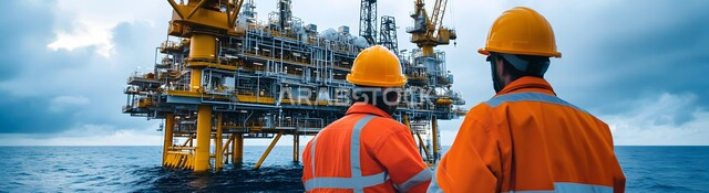 العمل في مجال هندسة البترول, مصفاة تكرير النفط والغاز, الإشراف على معامل ومصانع النفط في المملكة العربية السعودية، صورة من الخلف لعامليين عربيين خليجيين سعوديين يرتديان البدلة الواقية البرتقالية وخوذة الحماية، خطوط الأنابيب الممتدة من أعماق البحر للمصافي