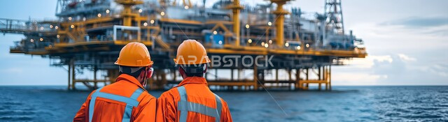 خطوط الأنابيب الممتدة من أعماق البحر للمصافي، العمل في مجال هندسة البترول, مصفاة تكرير النفط والغاز, الإشراف على معامل ومصانع النفط في المملكة العربية السعودية، صورة من الخلف لعامليين عربيين خليجيين سعوديين يرتديان البدلة الواقية وخوذة الحماية