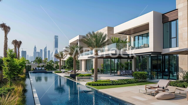 تصاميم عصرية مع واجهات زجاجية مطلة على حوض السباحة، فيلا بيضاء حديثة مع مسبح كبير أمامها، الفن الهندسي المعماري على الطراز الحديث للفلل والشقق السكنية في المملكة العربية السعودية، ديكورات خارجية للمنازل مبتكرة وحديثة، الاهتمام بزراعة الاشجار الخضراء