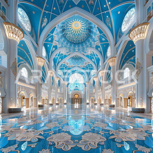 فن التصاميم والديكورات الداخلية الفاخرة, أماكن ومعالم دينية مقدسة, الفن الهندسي المعماري على الطراز الاسلامي للأعمدة والاقواس باللون الأزرق في مساجد المملكة العربية السعودية, نداء المسلمين لأداء الفرائض والصلوات, مفهوم العبادة والتقرب إلى الله