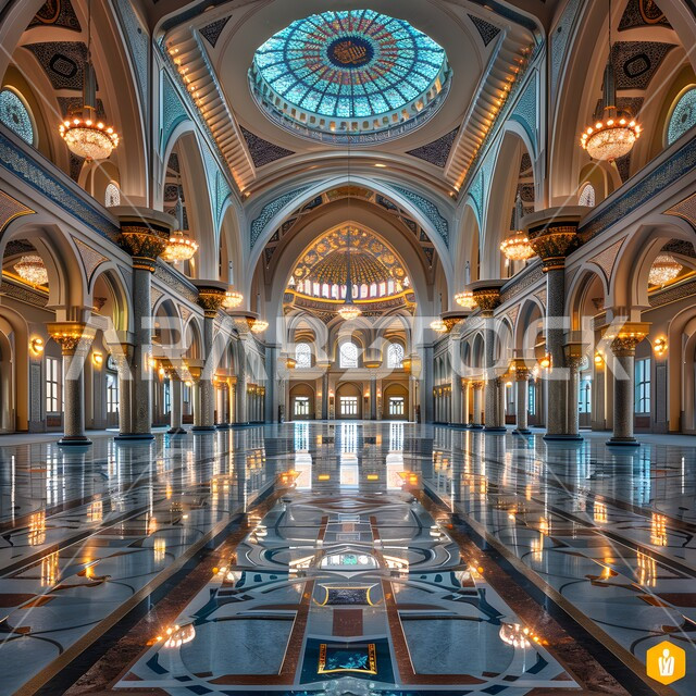 Modern interior designs and decorations, sacred religious places and landmarks, Islamic architectural art of columns and arches in mosques in the Kingdom of Saudi Arabia, Muslims’ call to perform religious duties and prayers, the concept of worship and drawing closer to God