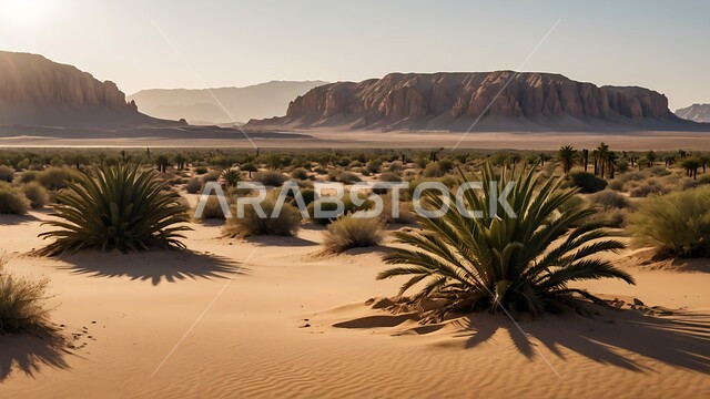 البيئة والتضاريس الجافة للصحاري الخليجية, الطبيعة الصحراوية في المملكة العربية السعودية, منظر الرمال الذهبية اللامعة في النهار, امتداد الصحراء العربية لمساحات واسعة, تشكل التلال والكثبان الرملية و الصخرية