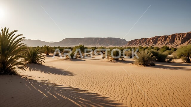 البيئة والتضاريس الجافة للصحاري الخليجية, الطبيعة الصحراوية في المملكة العربية السعودية, منظر الرمال الذهبية اللامعة في النهار, امتداد الصحراء العربية لمساحات واسعة, تشكل التلال والكثبان الرملية و الصخرية