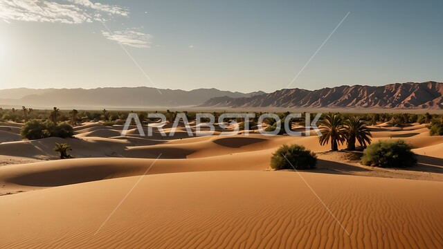 البيئة والتضاريس الجافة للصحاري الخليجية, الطبيعة الصحراوية في المملكة العربية السعودية, منظر الرمال الذهبية اللامعة في النهار, امتداد الصحراء العربية لمساحات واسعة, تشكل التلال والكثبان الرملية و الصخرية