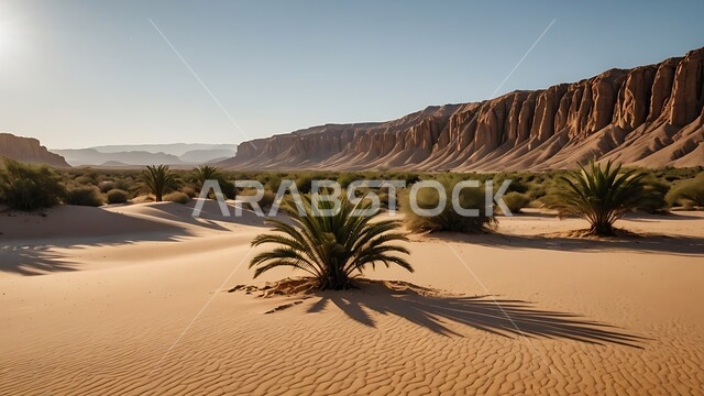البيئة والتضاريس الجافة للصحاري الخليجية, الطبيعة الصحراوية في المملكة العربية السعودية, منظر الرمال الذهبية اللامعة في النهار, امتداد الصحراء العربية لمساحات واسعة, تشكل التلال والكثبان الرملية و الصخرية