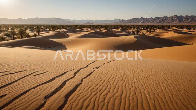 البيئة والتضاريس الجافة للصحاري الخليجية, الطبيعة الصحراوية في المملكة العربية السعودية, منظر الرمال الذهبية اللامعة في النهار, امتداد الصحراء العربية لمساحات واسعة, تشكل التلال والكثبان الرملية و الصخرية