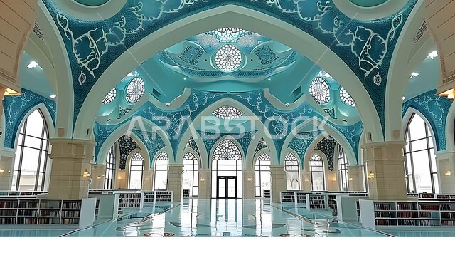 فن التصاميم والديكورات الداخلية الفاخرة, أماكن دينية مقدسة, الفن الهندسي المعماري على الطراز الاسلامي للأعمدة والاقواس باللون الأزرق في مساجد المملكة العربية السعودية, نداء المسلمين لأداء الفرائض والصلوات, مفهوم العبادة والتقرب إلى الله