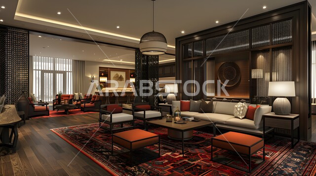 الديكورات الداخلية الراقية للفلل والشقق السكنية في المملكة العربية السعودية، اكسسوارات وتحف عصرية، التصاميم الأنيقة لغرف الجلوس المريحة على الطراز الحديث، غرفة معيشة مع أثاث منزلي فاخر بالألوان الداكنة