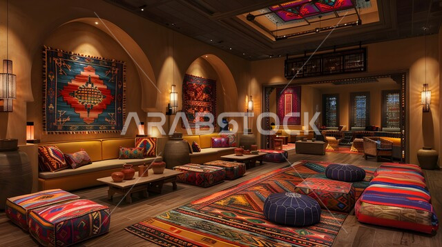 Elegant designs for comfortable living rooms in modern style, living room with luxurious home furniture in dark colors, high-end interior decorations for villas and residential apartments in Saudi Arabia, modern accessories and antiques