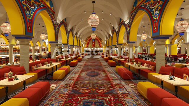  صالة مطعم ومقهى بديكورات وألوان جذابة، أثاث داخلي راقي لمطعم على الطراز الحديث في المملكة العربية السعودية، الديكورات والتصاميم الداخلية للكافيهات والمطاعم