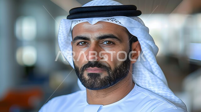 Gestures of seriousness and firmness, interest in outward appearance, the concept of masculinity, elegance and chic, a close-up photo of an Arab Gulf Emirati man wearing a ghutra and a kandura looking at the camera with expressions of self-confidence