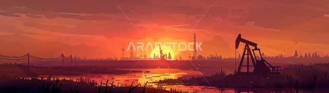 صناعات ومشاريع بتروكيماوية في المملكة, صورة بانورامية لآلات الحفر الضخمة المستخدمة في استخراج البترول من البحر وقت الغروب, التنقيب عن الثروات الباطنية في السعودية، جودة الأدوات والمعدات لصناعة وتخزين البترول