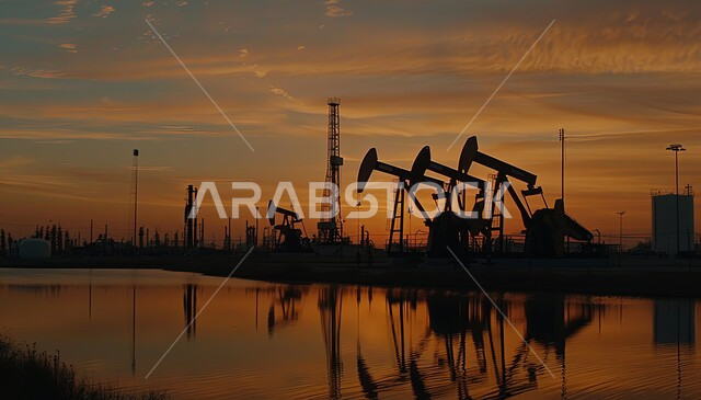 Petrochemical industries and projects in the Kingdom, huge drilling machines used to extract oil from the sea at sunset, prospecting for underground resources in Saudi Arabia, quality of tools and equipment for the manufacture and storage of oil