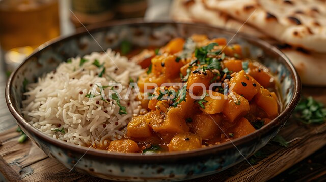 الأساليب الفنية في التقديم في مطاعم المملكة العربية السعودية, مأكولات شرقية تقليدية, وصفات الطعام السريعة و اللذيذة, الأطباق و الوجبات الشهية, صورة مقربة لطبق كاري اليقطين مع الأرز وخبز النان