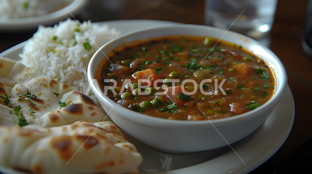 مأكولات شرقية تقليدية, الأساليب الفنية في التقديم في مطاعم المملكة العربية السعودية, وصفات الطعام السريعة و اللذيذة, الأطباق و الوجبات الشهية, صورة مقربة لطبق طعام هندي مع خبز النان والأرز والكاري