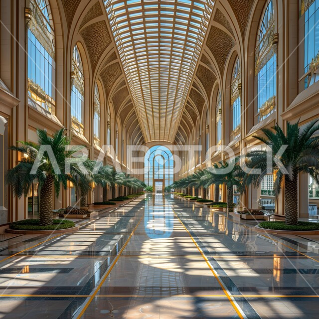 الديزاينات الرخامية لمدخل القاعات الكبرى, التصاميم المعمارية على الطراز العربي الحديث، الديكورات الداخلية والأسقف الزجاجية في السعودية، أشجار النخيل على  جانبي الممر الطويل، الإضاءة والاكسسوارات الفاخرة