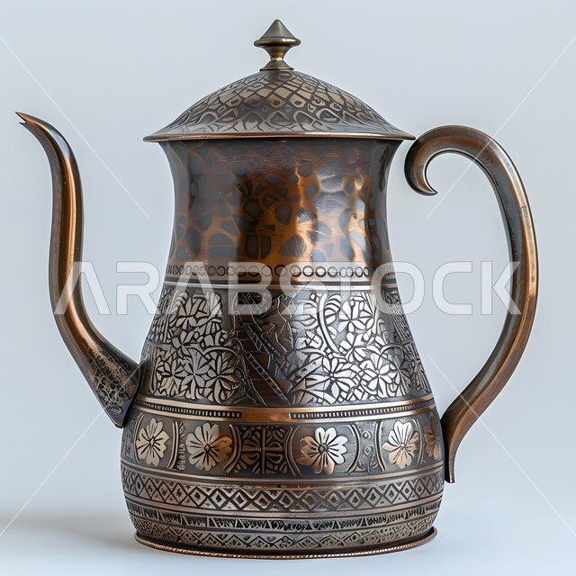 تقديم المشروبات الساخنة اللذيذة، مفهوم حسن استقبال الضيف, القهوة العربية الخليجية الفاخرة, الكرم والضيافة في الثقافة السعودية, العادات والتقاليد الأصيلة المتوارثة من الأجداد, دلة نحاسية مزخرفة مصنوعة من النحاس العريق, خلفية رمادية