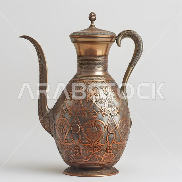 مفهوم حسن استقبال الضيف, القهوة العربية الخليجية الفاخرة, الكرم والضيافة في الثقافة السعودية, العادات والتقاليد الأصيلة المتوارثة من الأجداد, دلة نحاسية مزخرفة مصنوعة من النحاس العريق, تقديم المشروبات الساخنة اللذيذة، خلفية رمادية