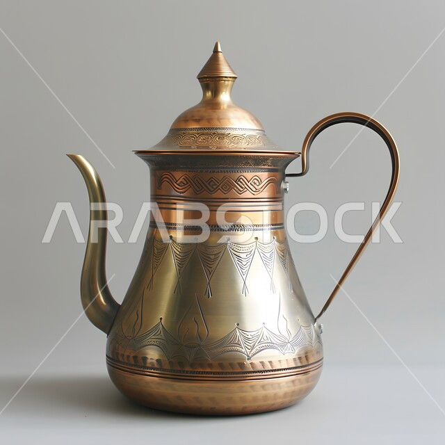 الكرم والضيافة في الثقافة السعودية, العادات والتقاليد الأصيلة المتوارثة من الأجداد, دلة نحاسية مزخرفة مصنوعة من النحاس العريق, القهوة العربية الخليجية الفاخرة, مفهوم حسن استقبال الضيف,تقديم المشروبات الساخنة اللذيذة، خلفية رمادية