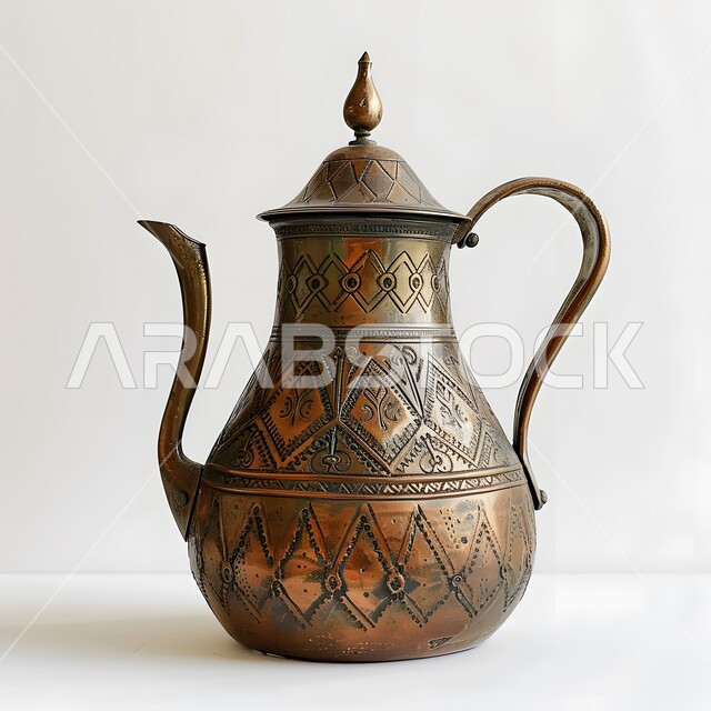 تقديم المشروبات الساخنة اللذيذة، مفهوم حسن استقبال الضيف, القهوة العربية الخليجية الفاخرة, الكرم والضيافة في الثقافة السعودية, العادات والتقاليد الأصيلة المتوارثة من الأجداد, دلة نحاسية مزخرفة مصنوعة من النحاس العريق, خلفية بيضاء