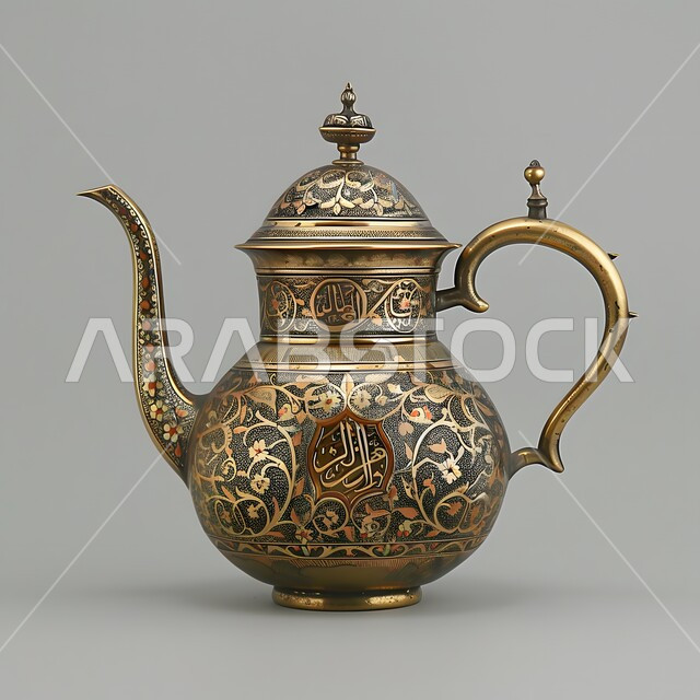 دلة نحاسية مزخرفة مصنوعة من النحاس العريق, العادات والتقاليد الأصيلة المتوارثة من الأجداد, الكرم والضيافة في الثقافة السعودية, القهوة العربية الخليجية الفاخرة, مفهوم حسن استقبال الضيف,تقديم المشروبات الساخنة اللذيذة، خلفية رمادية