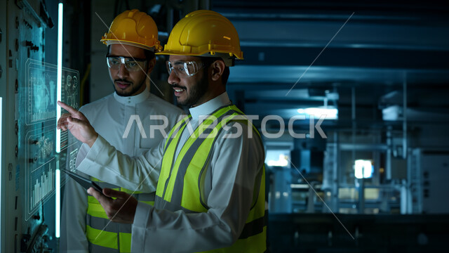 الاعتماد على التشغيل الآلي، استخدام التكنولوجيا و أجهزة التابلت و روبوتات الذكاء الاصطناعي في المصانع، تحقيق الثورة الصناعية والكفاءة في التصنيع والإنتاج، صورة مقربة لمهندسان عربيان خليجيان سعوديان في مصنع متطور ،  التحول التقني والتكنولوجي الحديث.