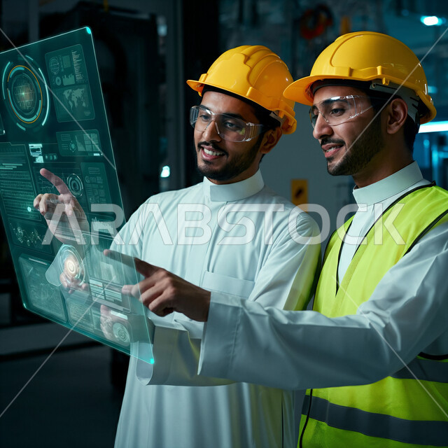 استخدام التكنولوجيا و أجهزة التابلت و روبوتات الذكاء الاصطناعي في المصانع، تحقيق الثورة الصناعية والكفاءة في التصنيع والإنتاج، صورة مقربة لمهندسان عربيان خليجيان سعوديان في مصنع متطور ، الاعتماد على التشغيل الآلي، التحول التقني والتكنولوجي الحديث.