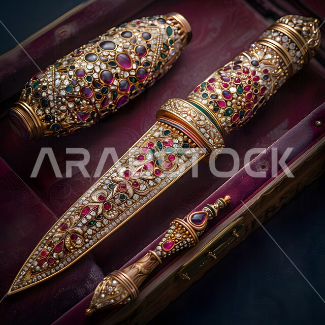 قطع أنتيكة من الطراز الشعبي، الانتيكات والتحف التراثية القديمة الشعبية، صورة مقربة لسيف مزخرف بزخارف تقليدية، أصالة العادات والتقاليد في المملكة العربية السعودية، خلفية سوداء