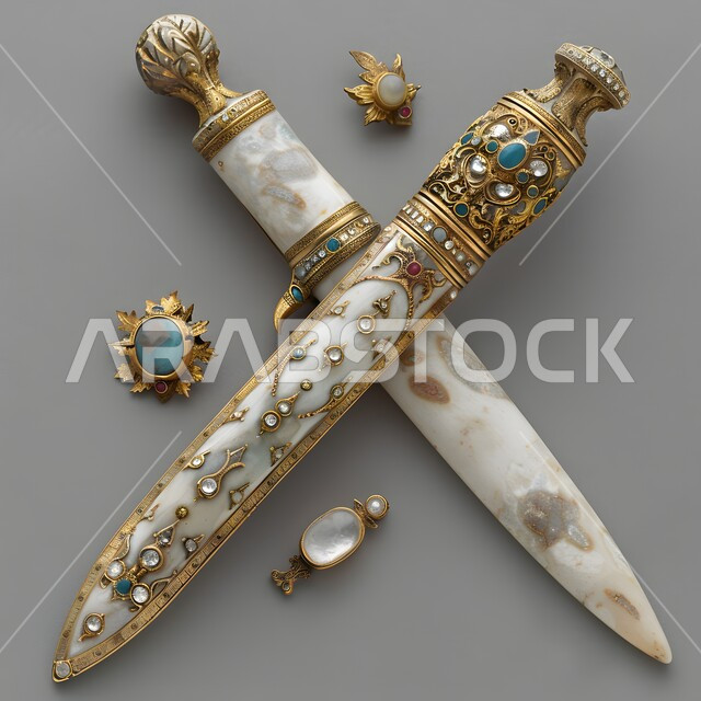 الانتيكات والتحف التراثية القديمة الشعبية، أصالة العادات والتقاليد في المملكة العربية السعودية، قطع أنتيكة من الطراز الشعبي، صورة مقربة لسيف مزخرف بزخارف تقليدية، خلفية رمادية