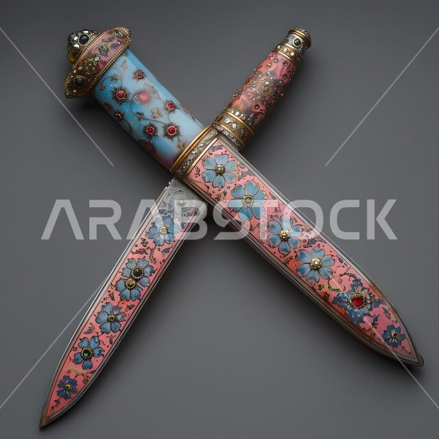 الانتيكات والتحف التراثية القديمة الشعبية، أصالة العادات والتقاليد في المملكة العربية السعودية، قطع أنتيكة من الطراز الشعبي، صورة مقربة لسيف مزخرف بزخارف تقليدية، خلفية رمادية