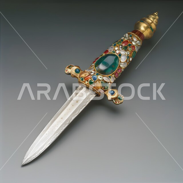 الانتيكات والتحف التراثية القديمة الشعبية، أصالة العادات والتقاليد في المملكة العربية السعودية، قطع أنتيكة من الطراز الشعبي، صورة مقربة لسيف مزخرف بزخارف تقليدية، خلفية رمادية