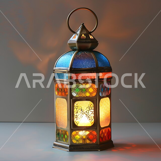 فانوس مزخرف معدني مضيء, أضواء و مصابيح عربية تقليدية, ديكورات وزينة و أنوار الشهر الفضيل، الاحتفال بالمناسبات و الأعياد الدينية الإسلامية, الأجواء الروحانية في الأيام الفضيلة, الاستعداد لاستقبال رمضان المبارك، خلفية رمادية
