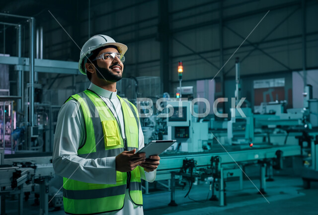 اعتماد التقنيات والتكنولوجيا الحديثة في الهندسة, صورة مقربة  لمهندس صناعي عربي سعودي خليجي يرتدي سترة وخوذة الحماية يتابع سير أعمال المصنع بإستخدام جهاز التابلت، مهن ووظائف سعودية، كفاءة الإنتاج و التصنيع وتحقيق الثورة الصناعية, خلفية المعمل