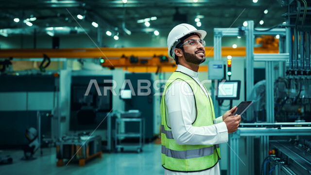 كفاءة الإنتاج و التصنيع وتحقيق الثورة الصناعية,مهن ووظائف سعودية، اعتماد التقنيات والتكنولوجيا الحديثة في الهندسة, صورة مقربة من الجانب لمهندس صناعي عربي سعودي خليجي يرتدي سترة وخوذة الحماية يتابع سير أعمال المصنع بإستخدام جهاز التابلت، خلفية المعمل