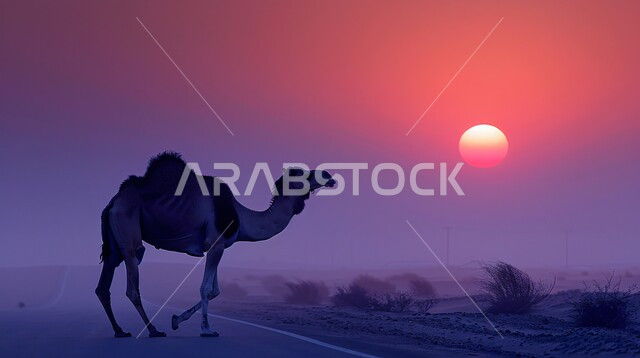Camel standing in the middle of soft golden sand at sunset, wild nature reserves in desert areas, means of transportation and travel in the past, livestock and mammal care and interest in camel breeding in the Kingdom of Saudi Arabia