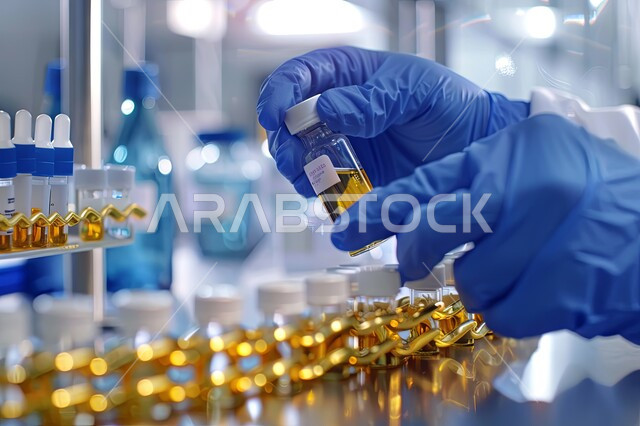 استخدام الأنبوبة الزجاجية المعقمة لتحليل العينات المختلفة، مختبرات الفحوصات الطبية والتحاليل الكيمائية، صورة مقربة ليد مخبري يرتدي القفازات و يمسك بيده أنابيب الاختبار، إجراء تجارب وبحوث علمية عبر التكنولوجيا الحيوية، معمل الصناعات الدوائية