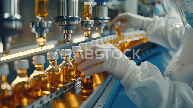 Using sterile bottles for analysis of difference, medical laboratories, medical laboratories, close-up of a medical laboratory technician's hand, holding test tubes, conducting experiments and scientific research through biotechnology, pharmaceutical industry laboratory