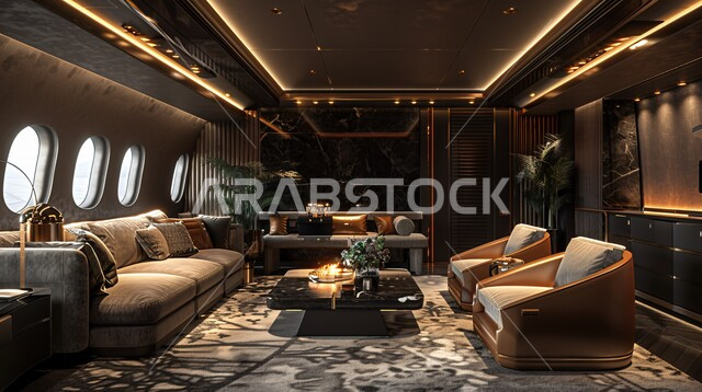 Advanced and comfortable engineering design, modern decorations and designs, a picture of the interior of a private jet lounge in luxurious colors, Saudi Gulf tourist airlines, high-end modern furniture, air transportation and trips around the world