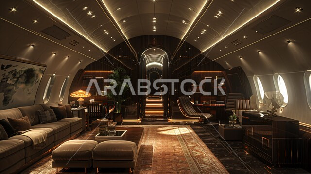 وسائل النقل الجوي والرحلات حول العالم، تصميم هندسي متطور ومريح, الديكورات والتصاميم الحديثة, صورة من الداخل لصالة طائرة خاصة بالألوان الفاخرة, شركات الطيران السياحية السعودية الخليجية, الأثاث العصري الراقي