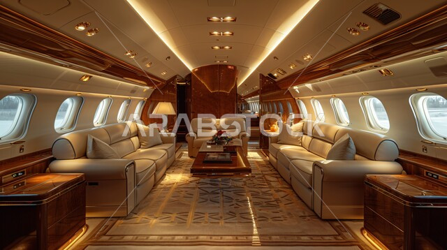 تصميم هندسي متطور ومريح, الديكورات والتصاميم الحديثة, صورة من الداخل لصالة طائرة خاصة بالألوان الفاخرة, شركات الطيران السياحية السعودية الخليجية, الأثاث العصري الراقي، وسائل النقل الجوي والرحلات حول العالم