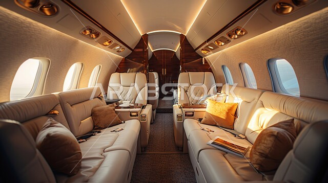 وسائل النقل الجوي والرحلات حول العالم، تصميم هندسي متطور ومريح, الديكورات والتصاميم الحديثة, صورة من الداخل لصالة طائرة خاصة بالألوان الفاخرة, شركات الطيران السياحية السعودية الخليجية, الأثاث العصري الراقي