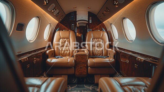 Advanced and comfortable engineering design, modern decorations and designs, a picture of the interior of a private jet lounge in luxurious colors, Saudi Gulf tourist airlines, high-end modern furniture, air transportation and trips around the world