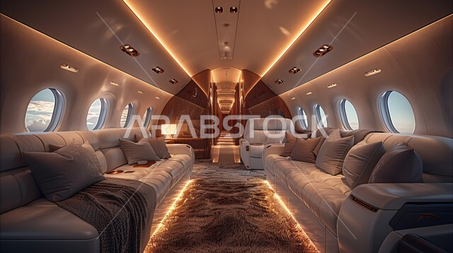 وسائل النقل الجوي والرحلات حول العالم، تصميم هندسي متطور ومريح, الديكورات والتصاميم الحديثة, صورة من الداخل لصالة طائرة خاصة بالألوان الفاخرة, شركات الطيران السياحية السعودية الخليجية, الأثاث العصري الراقي