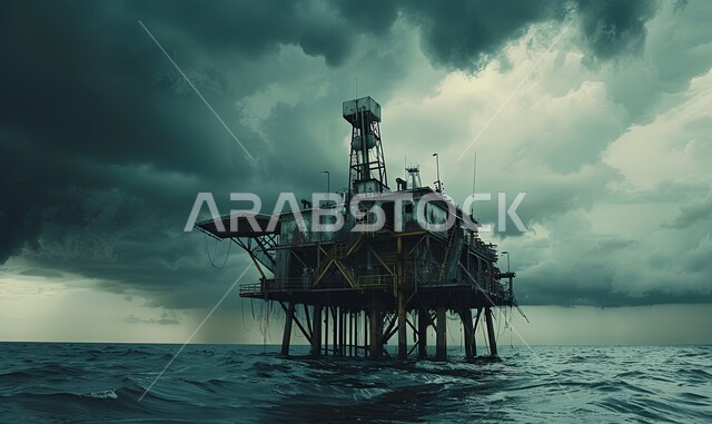 منصة نفط لاستنباط الزيوت, استخراج وتصدير الثروات الباطنية، حفارة تقوم بالتنقيب عن النفط وسط البحر, آلات حفر ضخمة , جودة الأدوات والمعدات لصناعة وتخزين البترول