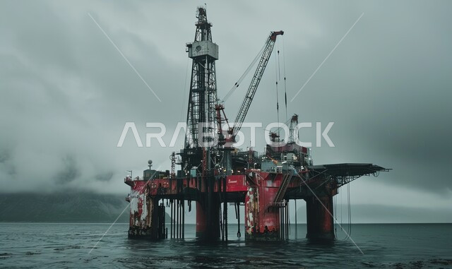 منصة نفط لاستنباط الزيوت, استخراج وتصدير الثروات الباطنية، حفارة تقوم بالتنقيب عن النفط وسط البحر, آلات حفر ضخمة , جودة الأدوات والمعدات لصناعة وتخزين البترول