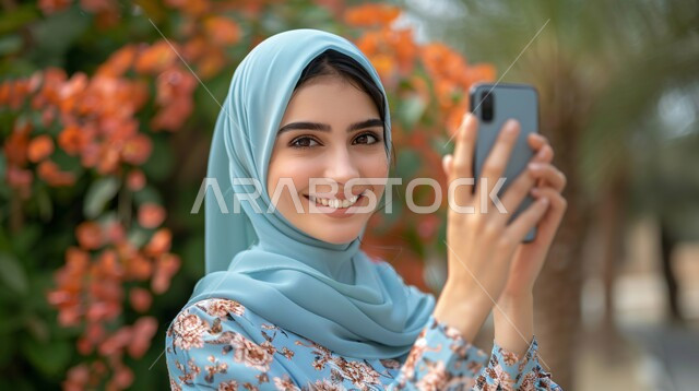 التقاط صور تذكارية باستخدام الهاتف المحمول، صورة مقربة لإمرأة عربية خليجية سعودية محجبة تحمل بيدها هاتف تقضي أوقات ممتعة في إحدى حدائق المملكة العربية السعودية، نزهه في الهواء الطلق و الطبيعة الخضراء